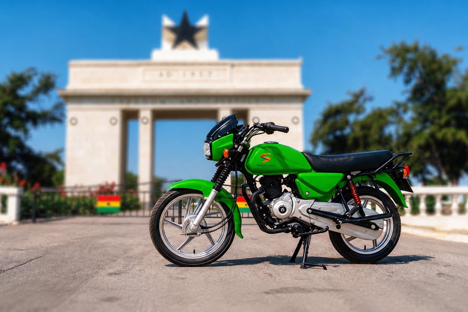 SomoExpress rider at Independence Arch, Accra